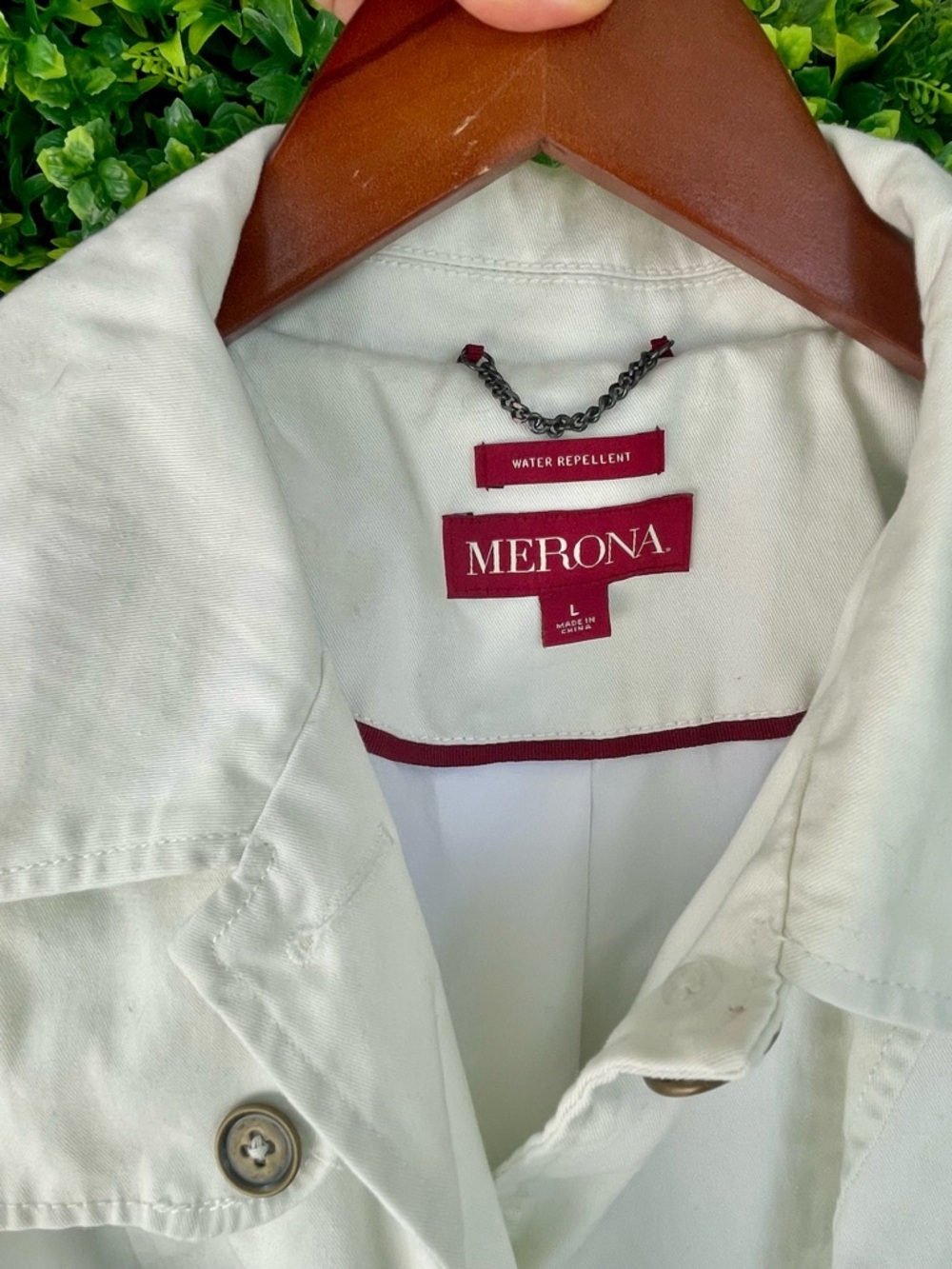 100% Cotton Merona Water Repellent Belted Trench Coat Large White Classic - Picture 4 of 7